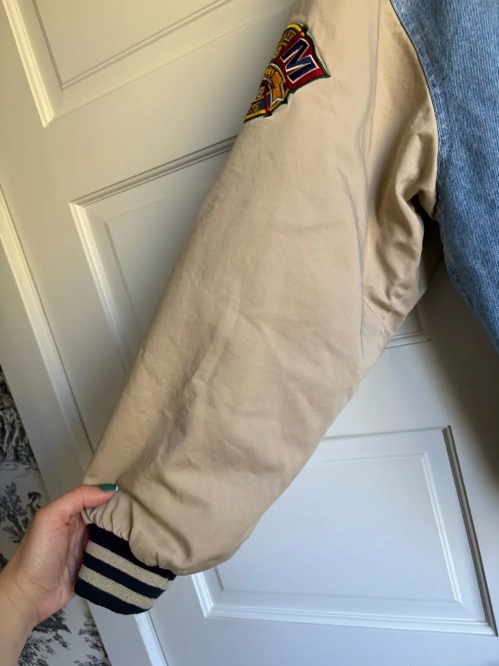 Denim and Cream Hooded Varsity Jacket - Blue/Cream - Picture 5 of 9